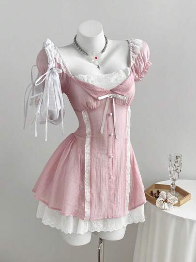 Elamini Sweet Girly Bowknot Patchwork Ruffle Contrast Color Petal Sleeve Cinched Waist Mini Dress For Women