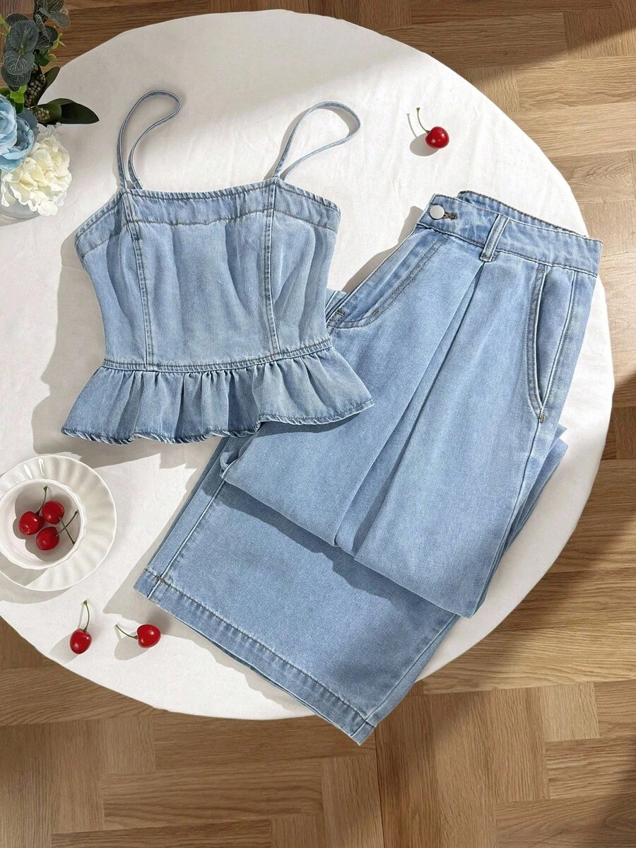 SHEIN PETITE 女士休闲牛仔吊带背心（荷叶边下摆）和牛仔裤套装，夏季 - 淺色水洗藍 - 查看 1