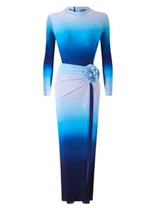 Swim Shayni Bộ đồ đi biển mùa hè thoải mái dành cho nữ, bikini một mảnh in họa tiết ombre xanh trắng, gồm quần và váy. Bộ đồ bơi 3 mảnh: bikini và quần dài. - Xanh và trắng - Xem 4