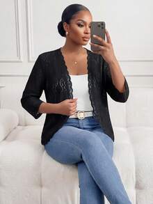 SHEIN Lady CURVE Áo khoác nữ cỡ lớn màu trắng dệt kim, chất liệu vải họa tiết, thích hợp cho mùa xuân/thu, mùa thu đông, ngày Valentine. - màu đen - Xem 5
