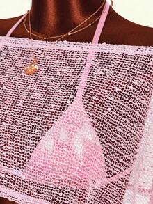 Amplova 3pcs Women's Swimwear Set: Floral Pink Tropical Asymmetric-Shoulder Bikini Top, Matching Cover-Up, Cute Mini Vacation Beach Summer - Pink - View 13