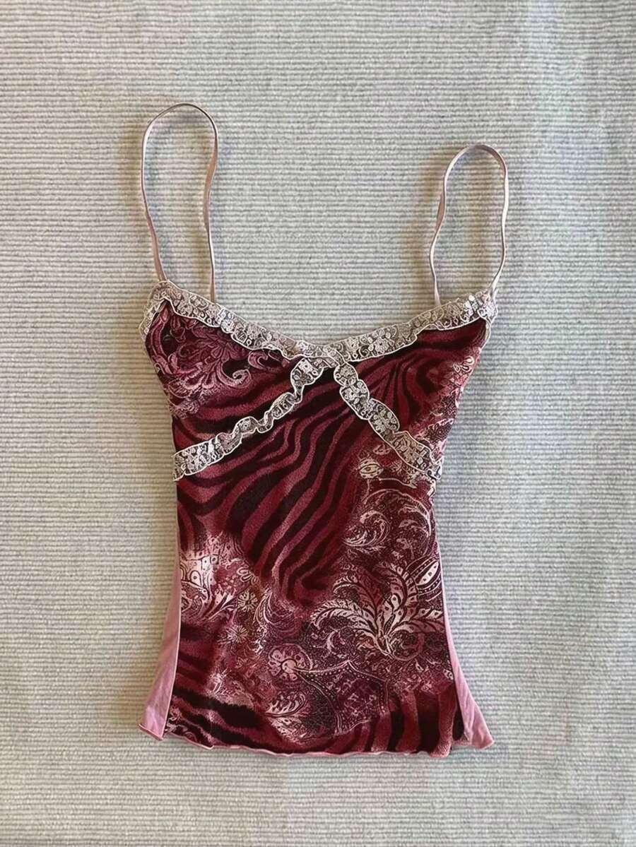 IslaSuriya 女款時尚性感動物印花蕾絲細肩帶背心 夏季外出穿搭 酒紅色 - 彩色 - 查看 1