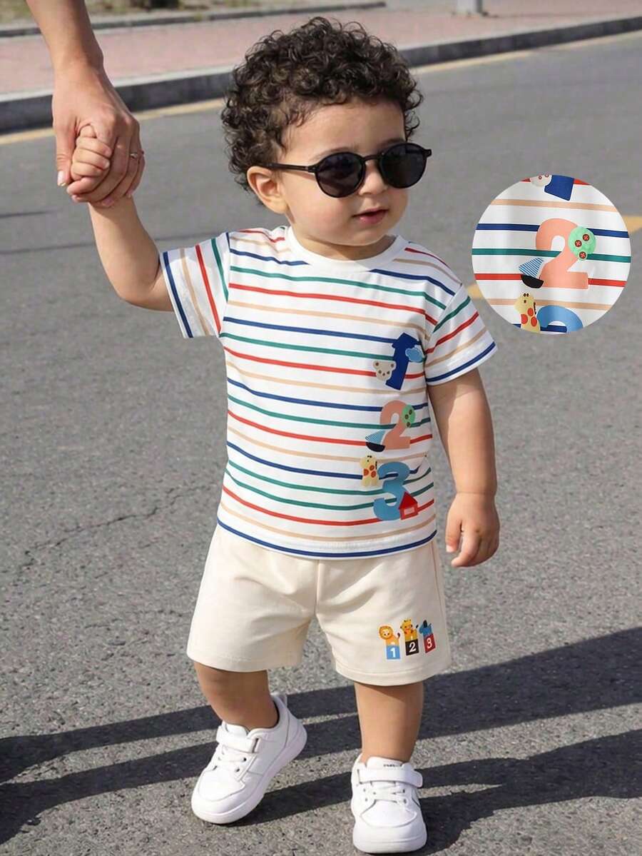 2pcs/Set Toddler Boys' Summer Casual Fashionable Graphic Print Round Neck Raglan Top And Striped Print Shorts,Suitable For Outdoor Play & Daily Wear - Multicolor - View 1