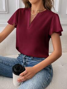 SHEIN Essnce 女士休闲通勤纯色翻领衬衫 - 酒紅色 - 查看 3