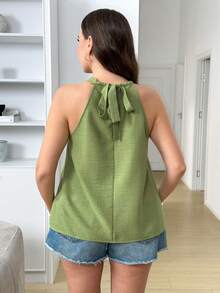 SHEIN LUNE Plus Size Women Solid Color Pleated Halter Neck Blouse - Green - View 3