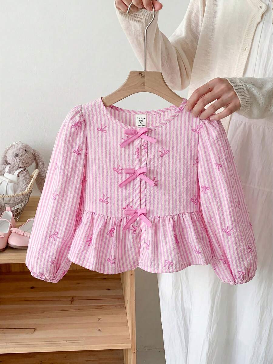 SHEIN LMoss Kids 女童条纹泡泡袖宽松休闲衬衫 - 粉色 - 查看 1