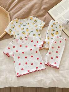 SHEIN LMoss Kids Dozemod 女嬰 4 件組可愛花卉印花荷葉邊圓領短袖上衣與短褲休閒舒適睡衣套裝，夏季 - 彩色 - 查看 2