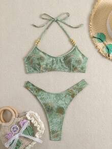 Swim SXY 随机印花串珠吊带上衣和比基尼泳衣套装 - 綠色 - 查看 6
