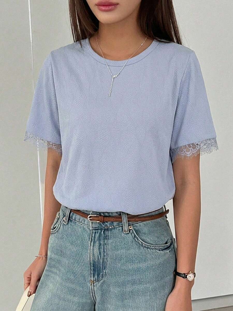 DAZY Women's Summer Round Neck Short Sleeve Lace Patchwork Pullover Casual Minimalist T-Shirt - Blue - View 1