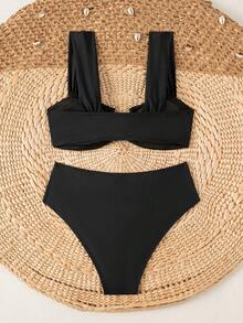 Swim Mod Springbreak Women's New Summer Random Ditsy Floral V-Neck Spaghetti Strap Sweet Floral Pattern Bikini Set - Black - View 2