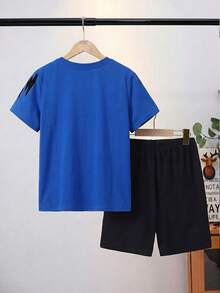 SHEIN Set Pakaian Santai Rajut Longgar Kasual Musim Panas untuk Anak Laki-Laki Remaja, 2 Potong, Motif Singa, Kaos dan Celana Pendek - Royal Blue - View 2