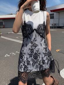 DAZY 女款蕾絲拼接無袖 2 合 1 短袖洋裝 度假太陽裙 - 白色 - 查看 3