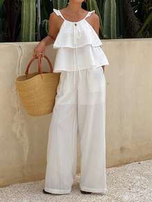 DAZY Set da vacanza da donna composto da top a canotta con texture e pantaloni a gamba dritta morbidi, due pezzi - Bianco - Visualizzare 5