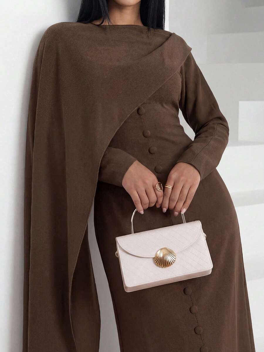 Veilorie Gaun Elegan Wanita Lengan Panjang Kancing Tunggal dengan Desain Berlapis - Kopi - View 1