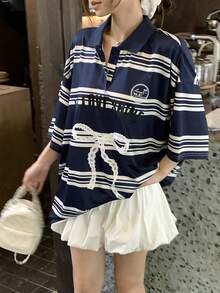 DAZY 女士夏季 Polo 领条纹印花休闲套头 T 恤 - 藏蓝色 - 查看 5