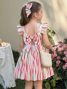 SHEIN Đầm dệt sọc cổ vuông xếp nếp cho bé gái - Nhiều màu - Xem 2