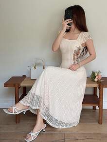 Feyla Women's Floral Pattern Elegant Waist Cinched Midi Dress, Suitable For Party And Outings - Apricot - View 3