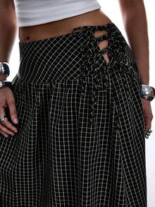 SHEIN EZwear 女款休閒極簡黑色格紋側綁帶長裙/長裙/格紋裙/格子裙/黑色裙 - 黑色 - 查看 4