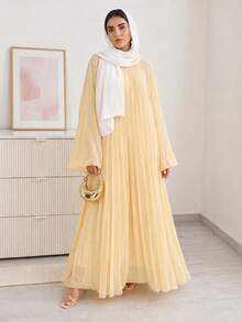 Solavon Vestido feminino estilo árabe, cor sólida, gola falsa, plissado, manga flare - Amarelo - Ver 2