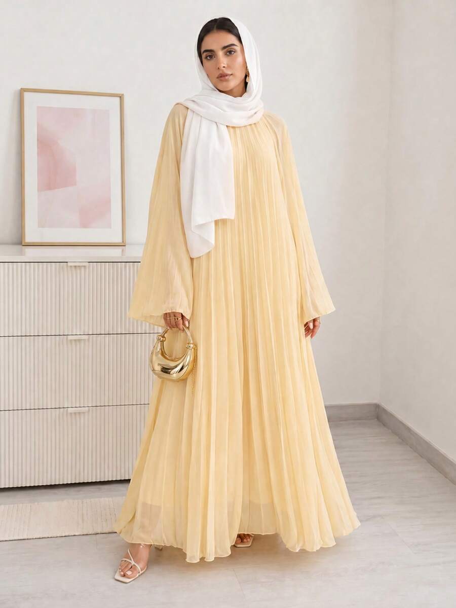 Solavon Vestido feminino estilo árabe, cor sólida, gola falsa, plissado, manga flare