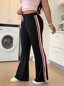 ZzzCrew Plus Size Women's Simple Pink Striped Decor Comfortable Soft Elastic Knit Leggings With Faux Drawstring, Minimalist Sporty Casual Lounge Pants - Black - View 1