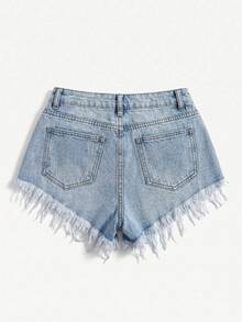 Plus Size Women Distressed Frayed Hem Denim Shorts - Light Wash - View 3
