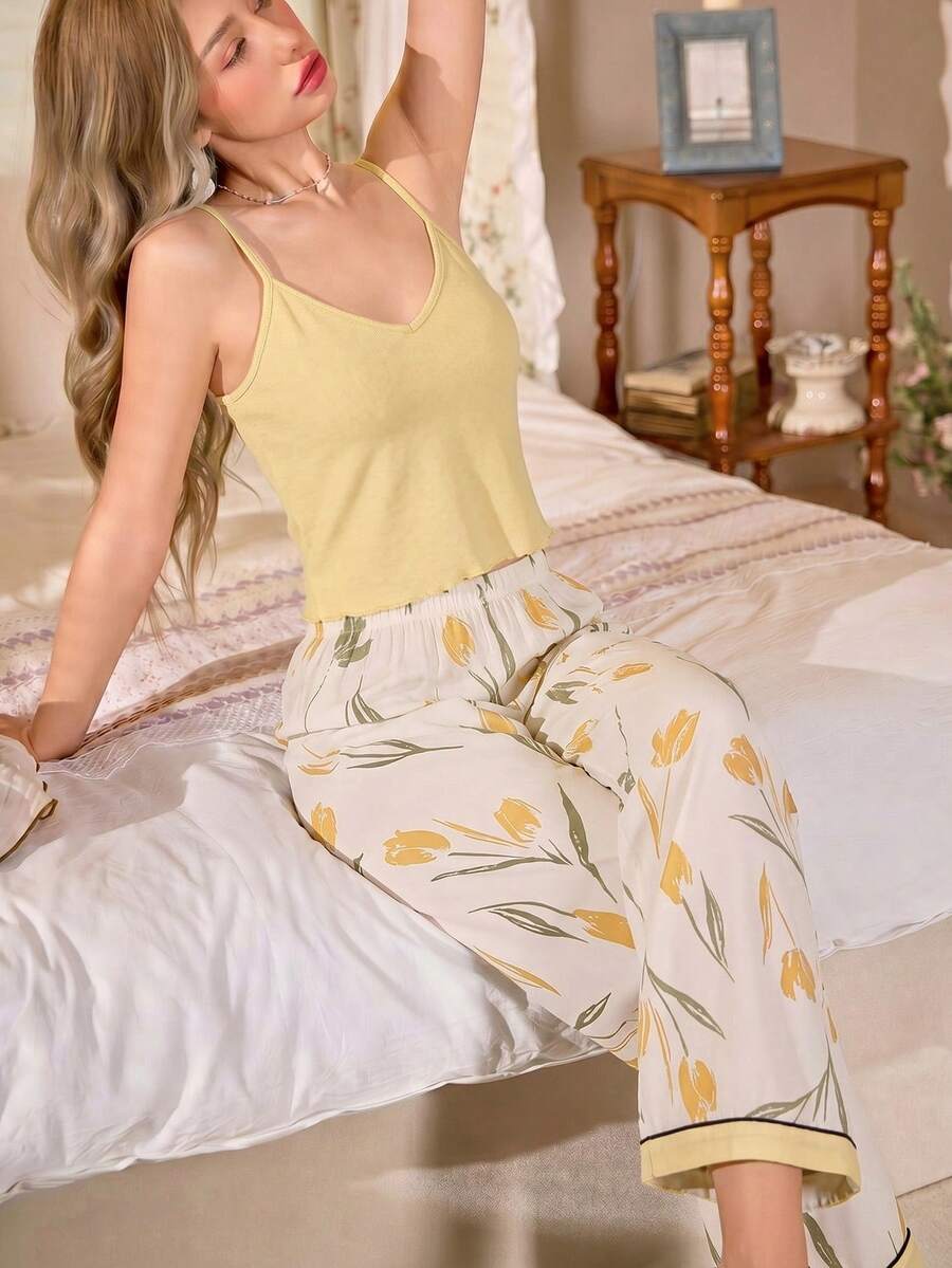 CottageSlumber Contrast Color Floral Print V-Neck Camisole & Pants Pajama Set - Multicolor - View 1