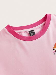 Sweetina THE POWERPUFF GIRLS X SHEIN Casual Minimalist Cartoon Pattern Contrast Color Trim Fitted Cropped Women T-Shirt, Suitable For Beach Vacation - Pink - View 3