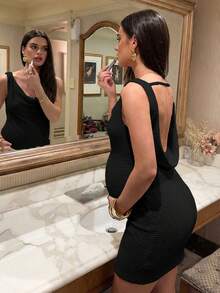 MaterniChic 孕妇休闲纯色露背不对称领口无袖连衣裙 - 黑色 - 查看 1