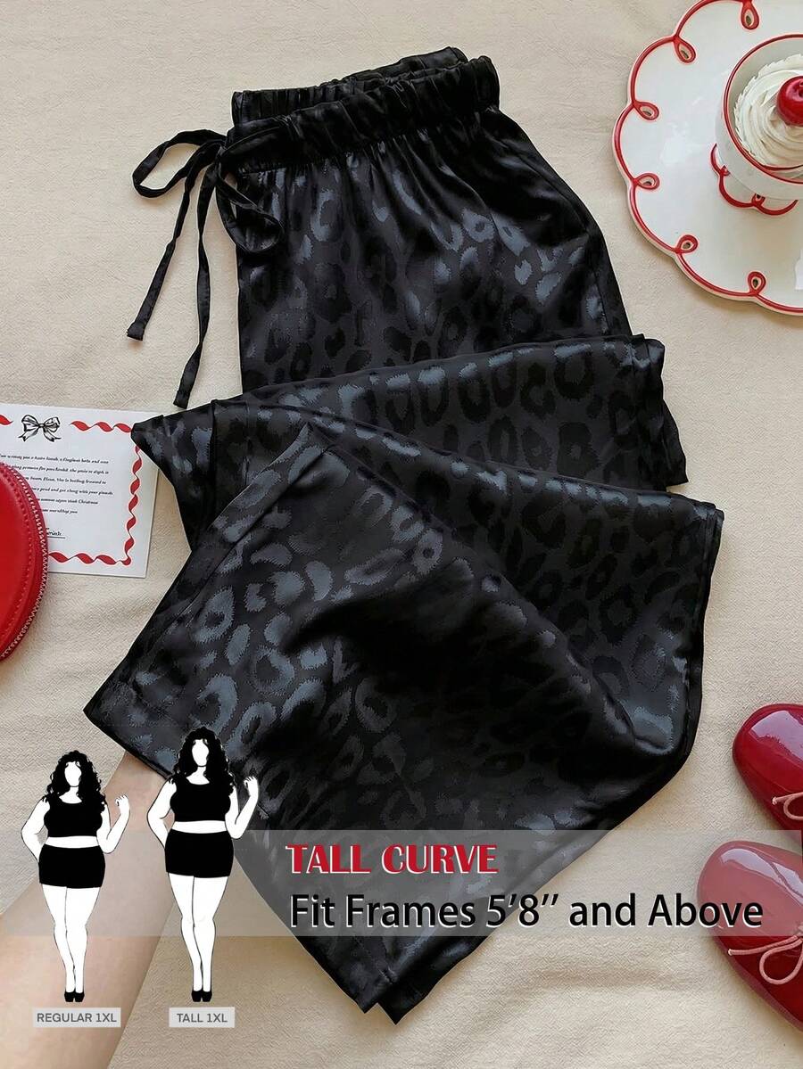 SHEIN Tall CURVE Quần ống rộng cỡ lớn in họa tiết da báo, cạp chun. - màu đen - Xem 1