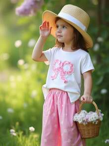 SHEIN Playful Pals 2件組小女孩夏季7歲生日套裝，甜美蝴蝶結短袖T恤搭配雛菊格紋長褲，適合嬰幼兒的可愛休閒穿搭 - 粉色 - 查看 3
