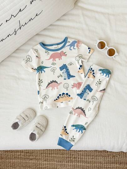 SHEIN 2pcs Toddler Unisex Baby Boy/Girl Casual Cute Dinosaur Print Short Sleeve T-Shirt And Leggings Set, Baby Pajamas, Snug Fit
