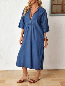EMERY ROSE Women's Solid Color Drop Shoulder Short Sleeve Half-Placket Pleated Loose Denim Dress, Autumn Holiday Vacation Blue Boho - Blue - View 4