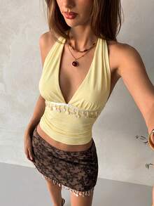 Aloruh Women's Deep V-Neck Fitted Pendant Decorated Camisole, Autumn/Winter,Summer Top - Light Yellow - View 6