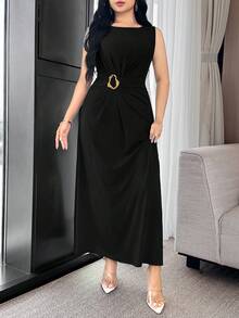 Feyla Waist Ruched, Metal Decor Button, Cinched Waist, Elegant Cocktail Party & Work Versatile Dress - Black - View 4