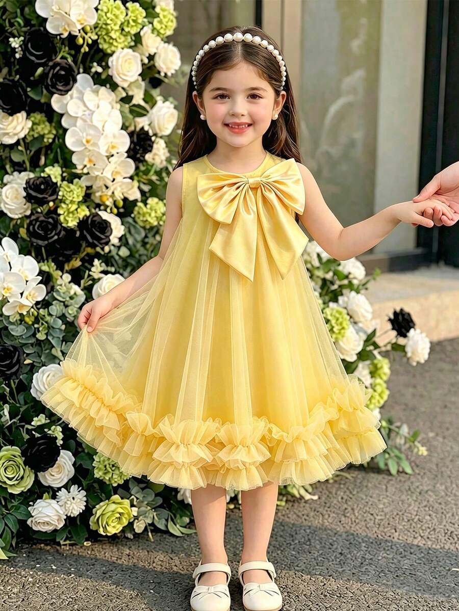 Young Girl Solid Color Bow Decor Mesh Patchwork Sleeveless Dress - Yellow - View 1