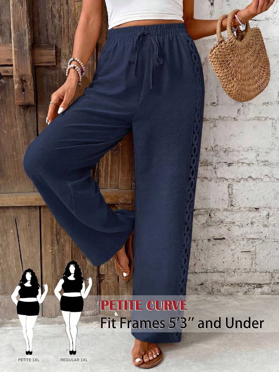 SHEIN PETITE CURVE 大码女式纯色直筒弹力腰抽绳休闲裤,侧边蕾丝拼接长裤 - 藏蓝色 - 查看 1