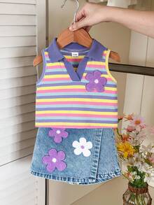 SHEIN Vintaside Kids 女嬰可愛夏季紫色多彩條紋無袖 Polo 衫，配 3D 花卉裝飾與牛仔裙褲，寬鬆版型，適合家庭穿搭休閒旅行 - 紫色 - 查看 5