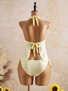 Bellisia Nuevo traje de baño tipo tankini con tirantes y rayas amarillas y blancas para el verano 2026, estilizador y favorecedor para vacaciones en la playa - Amarillo claro - Ver 2