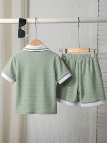 SHEIN 2pcs Young Boys Knit 2-Piece Set,Patchwork Zipper Half-Placket Pullover Top & Shorts,Summer,School,Back-To-School Casual Street Chic Outfits,Burgundy - Multicolor - View 2