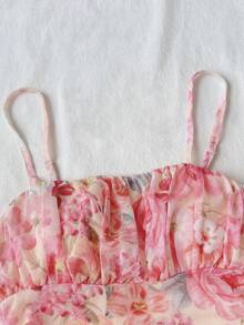 SHEIN 少女撞色休闲时尚通勤立领荷叶边腰身卡其色A字连衣裙配腰带 - 粉色 - 查看 4