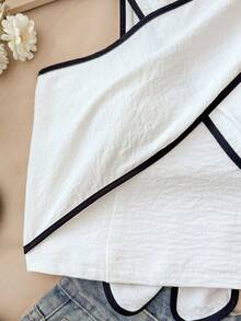 Travachic Contrast Trim Halter Backless Wrap Sleeveless Blouse For Women - Black and White - View 4