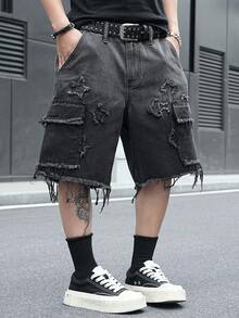 Manfinity EMRG Men's Casual Street Style Embroidered Multi-Pocket Distressed Hem Black Denim Shorts - Black - View 4