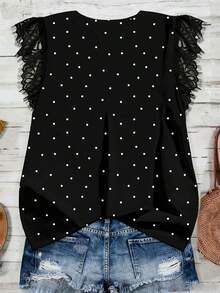 Mellowie Blusa negra de manga corta con cuello en V, dobladillo con volantes, estampado de lunares retro y encaje romántico casual, adecuada para el verano y las vacaciones, talla grande - Multicolor - Ver 2