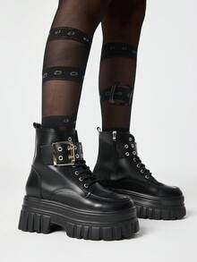 Grunge Punk 女式厚底高跟凉鞋朋克风深色PU圆头机车短靴骑马靴2026新款英伦风春秋流行爆款显小脚 - 黑色 - 查看 1