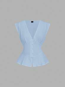 SHEIN MOD 女士纯色V领纽扣设计休闲衬衫 - 藍色 - 查看 6