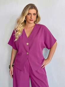 Auralis Áo sơ mi ngắn tay màu đen cỡ lớn dành cho nữ, áo cardigan ngắn tay mùa hè, áo sơ mi công sở thường ngày dành cho nữ, áo sơ mi mùa hè thời trang mới, áo kiểu dễ thương để đi chơi, áo kiểu cổ điển dành cho nữ. - Màu đỏ tím - Xem 5