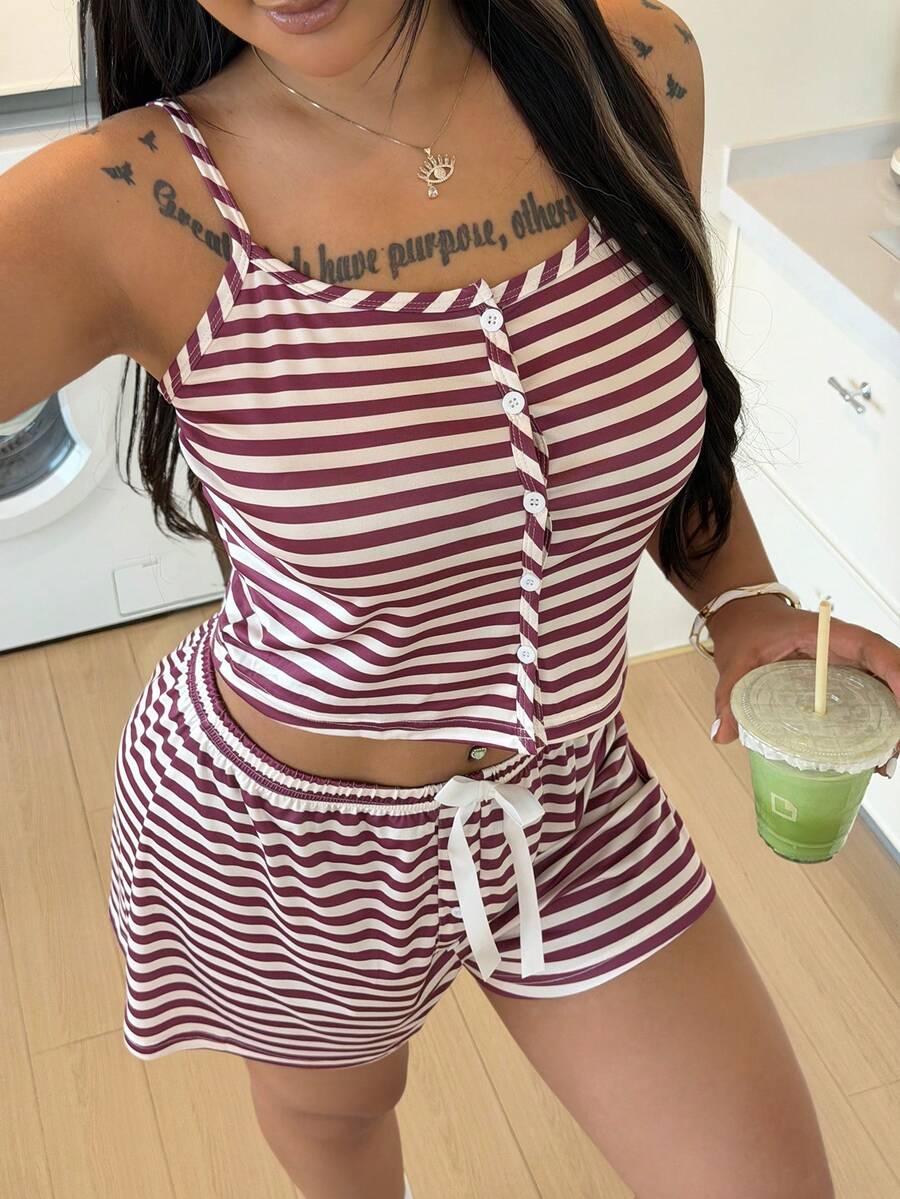 ZzzCrew Plus Size Fitted Striped Print Button Decor Camisole & Shorts Pajama Set - Multicolor - View 1