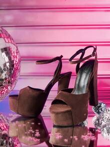 CUCCOO LuxiPop Women Shoes Outdoor Women's Round Toe Coarse High Heel Fleece Fabric Stylish, Simple, Breathable And Comfortable Daily Party Nightclub Banquet Buckle Solid Dew Heel Sandals, Nightclub Party Style, Suitable For Spring And Summer, Holiday Season 2000's Style, Holiday Atmosphere, Summer Wear, Travel Essential Summer Shoes - Brown - View 5