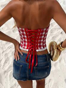 Glamine Charm Women's Fashionable Plaid Ruffle Hem Tube Top For Summer Corset Top Women Red Plaid Corset Top Western Corset Top - Red - View 2